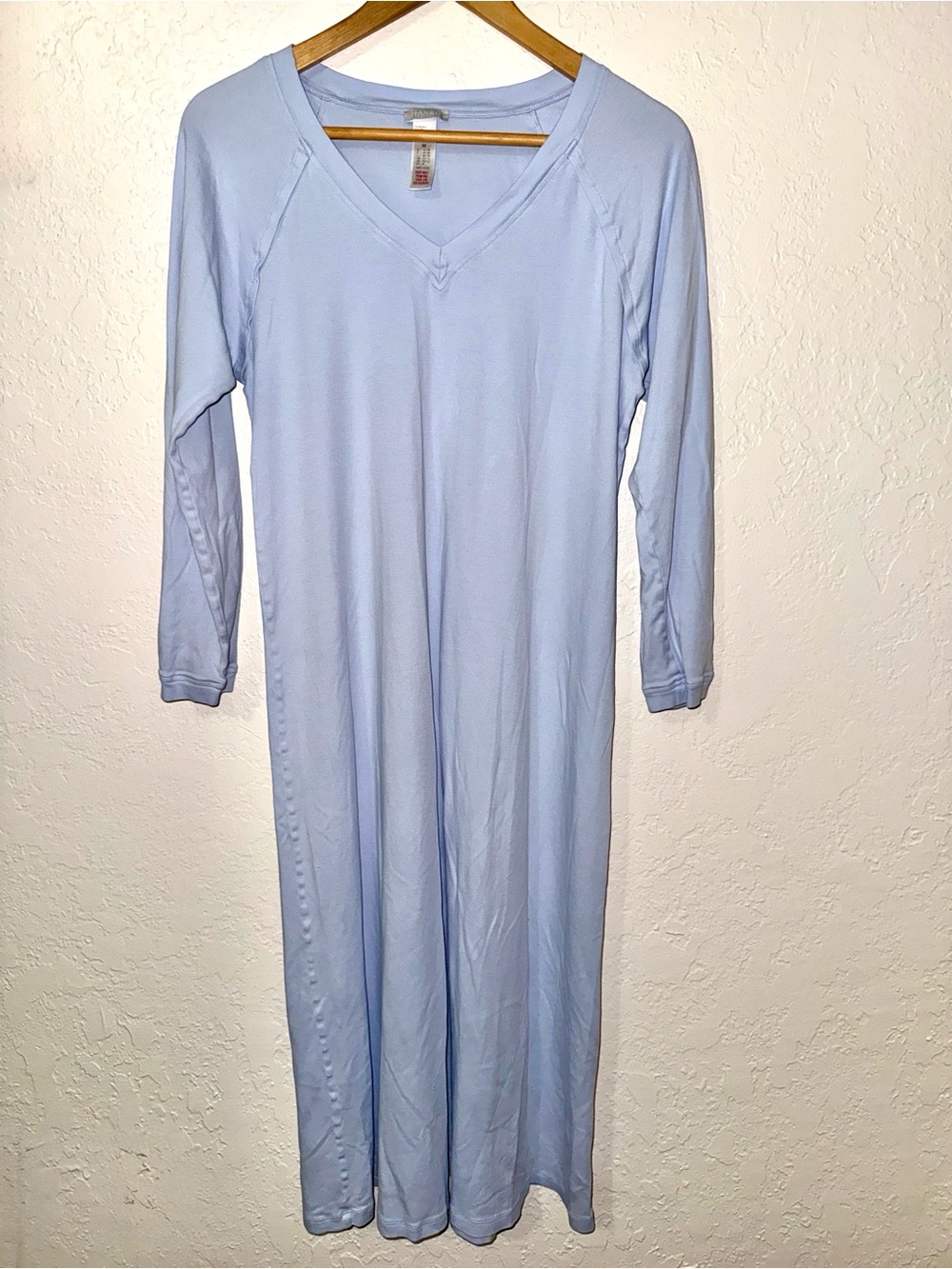 Hanro Pure Essence Nightgown Long Sleeve V Neck Cotton Light Blue Size Medium